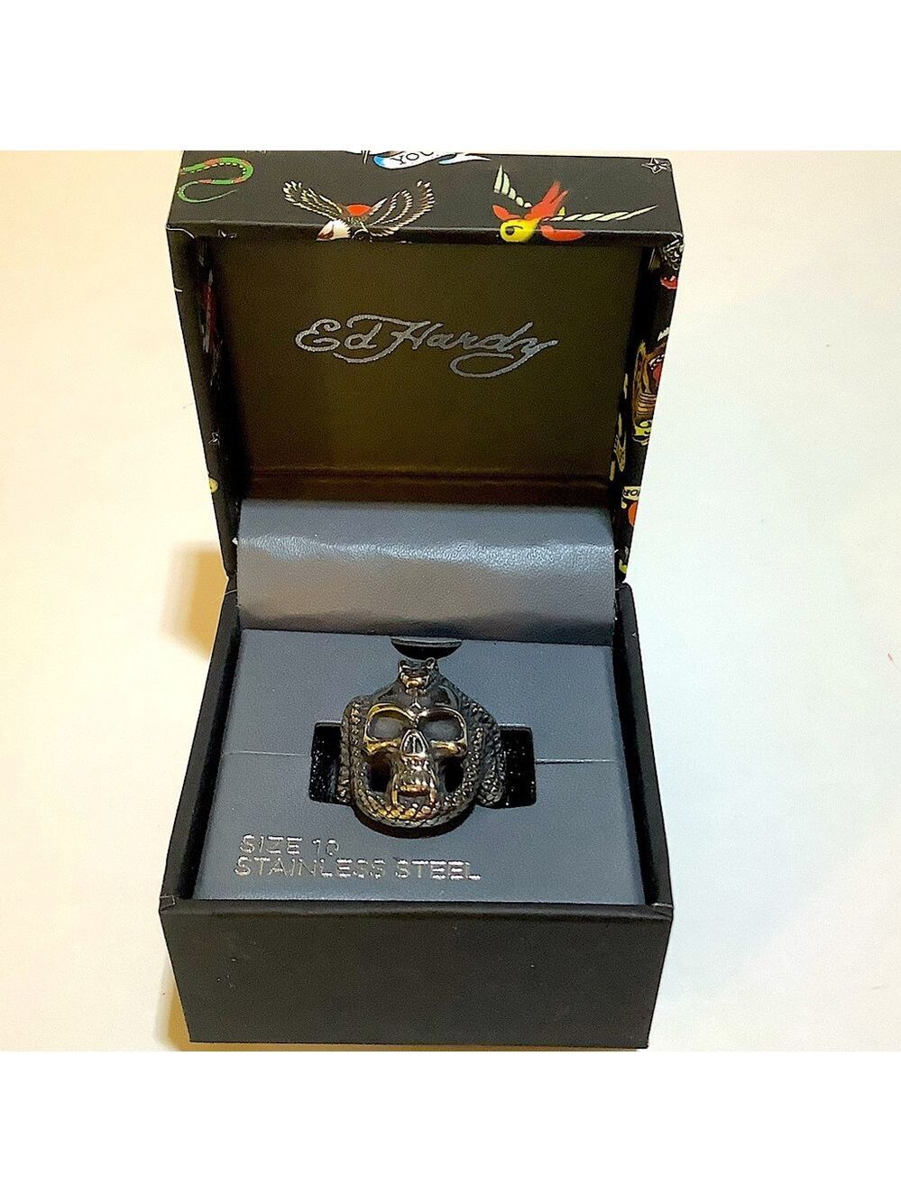 Ed Hardy Silver and Black Skull & Snake Ring Size 10 New